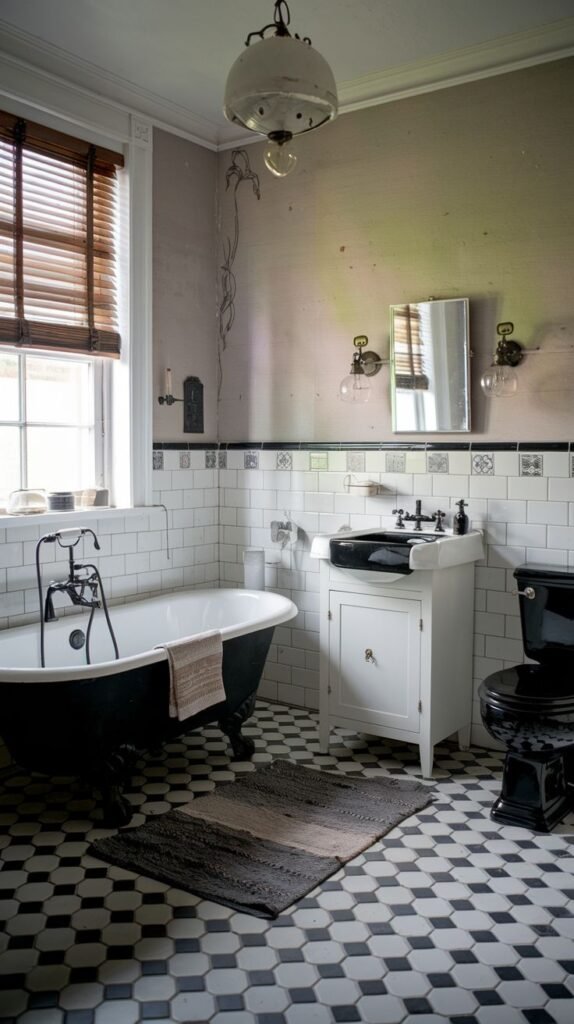 A Farmhouse and Rustic bathroom with a black-exterior clawfoot bathtub, a white vanity with a black sink, and a black toilet. The lower walls are tiled with white subway tiles and a decorative border, while the upper walls are a light color. The floor is covered in black and white hexagonal tiles, and the room includes a window with wooden blinds and twin mirrors with wall sconces.
