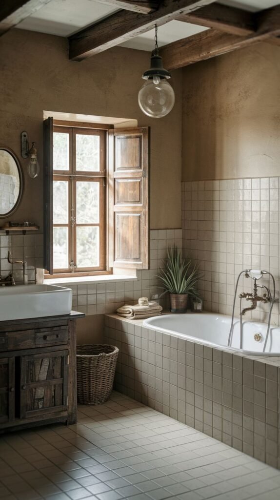 A Farmhouse and Rustic bathroom featuring a built-in white bathtub and a dark wooden vanity with a white vessel sink. The walls are a warm tan color, with matching square tiles around the tub area. Exposed wooden ceiling beams and a globe pendant light add to the rustic charm. A window with wooden shutters provides natural light, and the floor is tiled with square tan tiles.