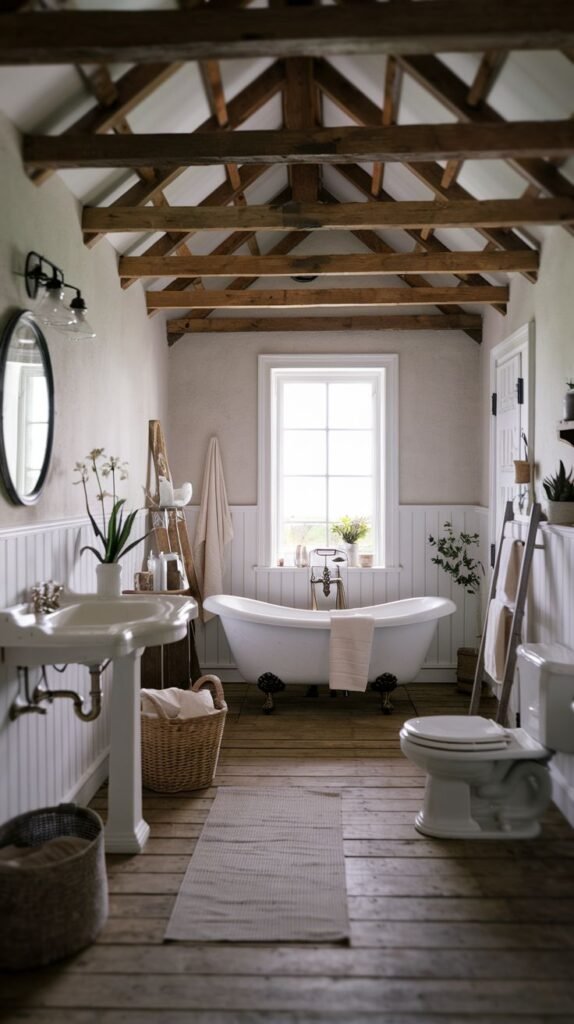 A Farmhouse and Rustic bathroom with a white clawfoot bathtub, a white pedestal sink, and a white toilet. The walls feature white wainscoting and light-colored paint above, with exposed wooden ceiling rafters overhead. A central window, a round mirror, and a decorative ladder-style shelf are visible, all resting on a wooden plank floor with a light-colored rug.