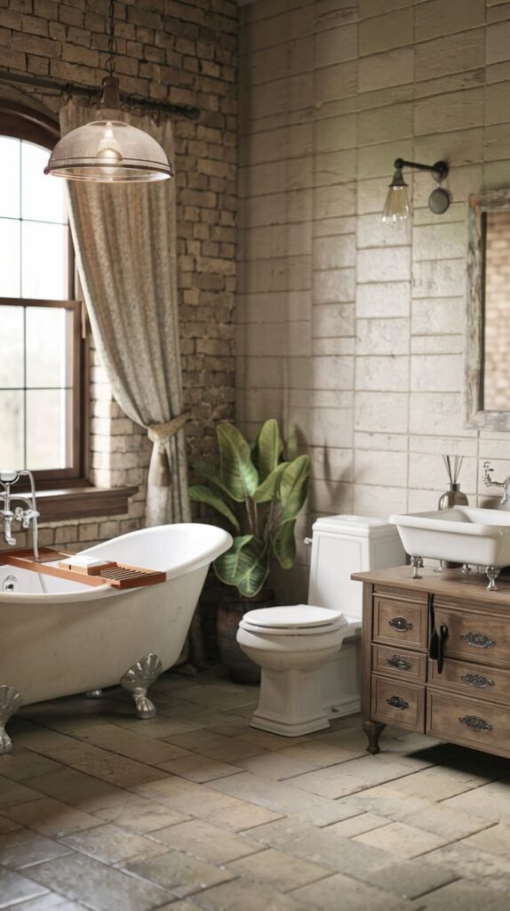 A Farmhouse and Rustic bathroom featuring a white clawfoot bathtub and a dark wooden vanity with a white vessel sink, accompanied by a white toilet. The walls are exposed light-colored brick. A large arched window with a draped curtain, an industrial pendant light, and a framed mirror contribute to the rustic ambiance. The floor is covered in large, light-colored square tiles.
