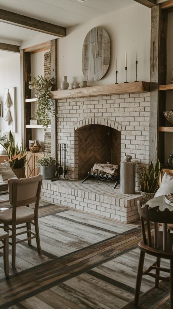 A rustic farmhouse fireplace built with light-colored brick, featuring a simple wooden mantel and hearth. The mantel is adorned with decorative vases, candles, and an oval wooden wall hanging. The room has distinctive wood flooring with dark accents and exposed wooden beams, enhancing the overall farmhouse aesthetic.
