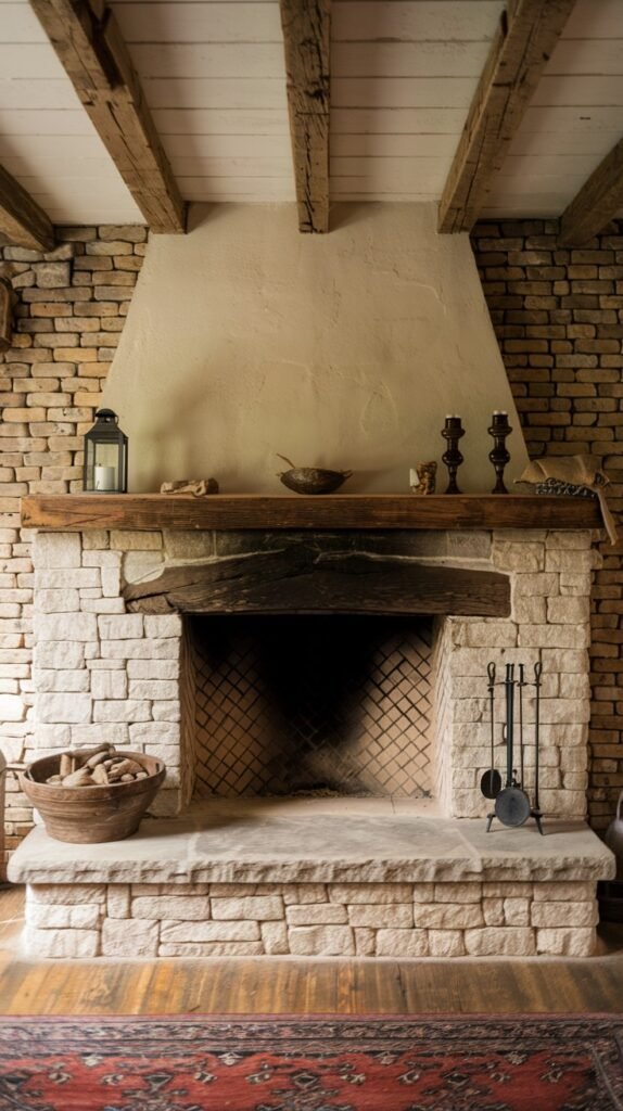 A prominent rustic farmhouse fireplace with a stone base and a stucco hood, featuring a very thick, natural wooden mantel. The firebox is lined with light bricks and contains a metal grate. The room features exposed wooden ceiling beams and brick walls, contributing to the farmhouse character around this large fireplace.