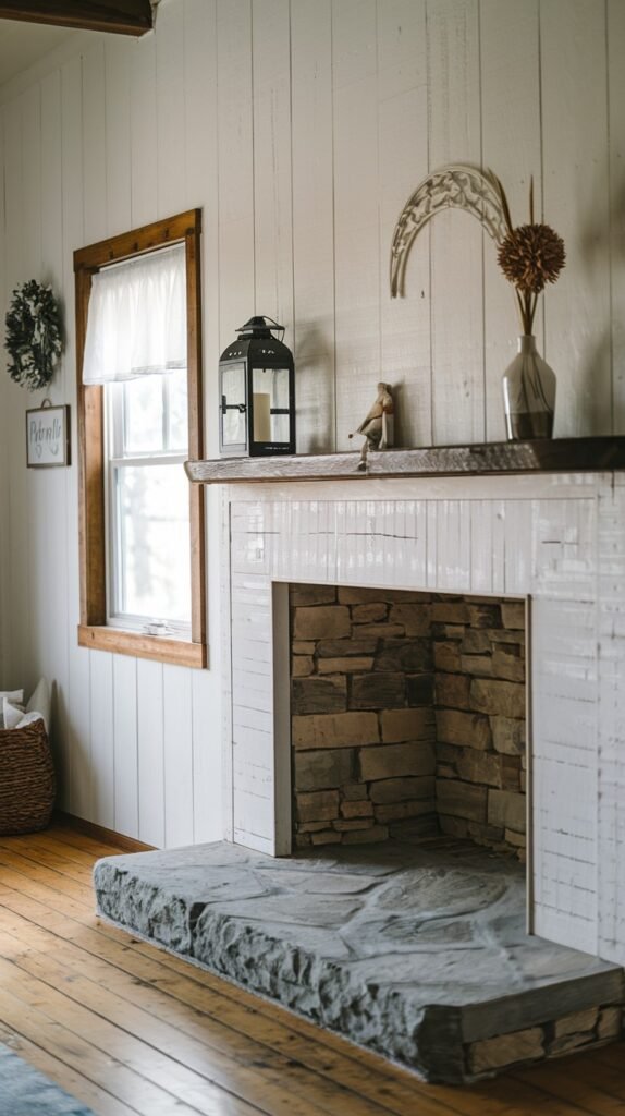 A distinctive rustic farmhouse fireplace featuring a white vertical paneled surround and a stone-lined firebox and hearth. A simple wooden plank serves as the mantel. The fireplace is part of a room with white paneled walls and warm wooden window trim, maintaining a light and farmhouse aesthetic.