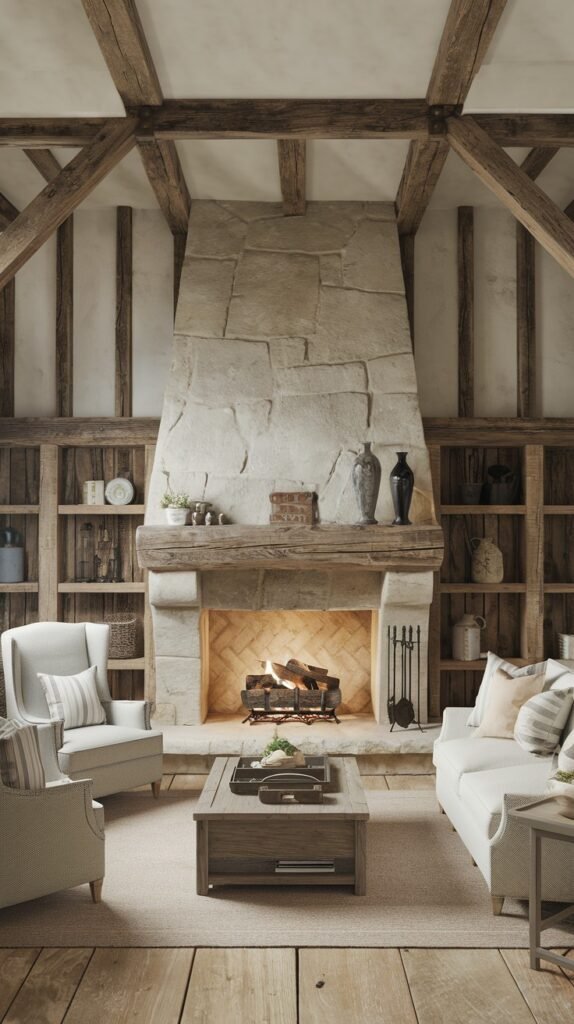 A monumental rustic farmhouse fireplace constructed from large natural stones, rising impressively to the vaulted ceiling. A solid wooden mantel rests above the arched firebox, which contains burning logs. The fireplace is flanked by extensive built-in wooden bookshelves, creating a library-like atmosphere in this farmhouse setting.