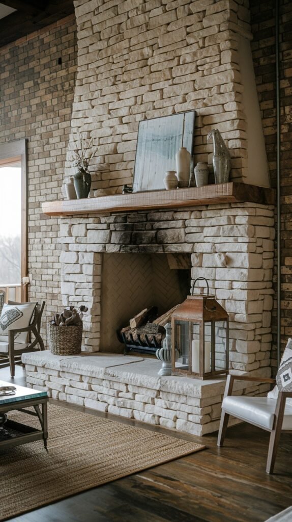 A large rustic farmhouse fireplace made of light-colored stacked stone, with a distressed wooden mantel. The firebox features a herringbone brick pattern. A large, decorative metal lantern and various vases adorn the mantel and hearth, complementing the rustic and inviting atmosphere of this fireplace.