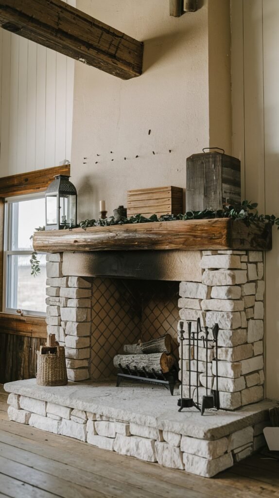 A rustic farmhouse fireplace composed of light-colored stone blocks, with a wooden mantel adorned with green garland and small decorative boxes. The firebox has a distinctive diamond-patterned metal grate. Fireplace tools are on the hearth, and a wicker basket sits nearby, enhancing the farmhouse appeal.