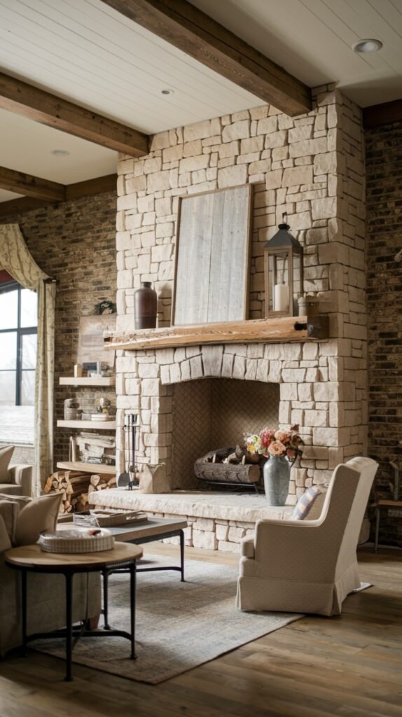 A striking rustic farmhouse fireplace built entirely from light-colored stacked stone, serving as a central feature in a room that also includes stone accent walls. A substantial wooden mantel holds framed art and a black lantern, reinforcing the rustic design. Logs are stacked within the firebox of this impressive fireplace.