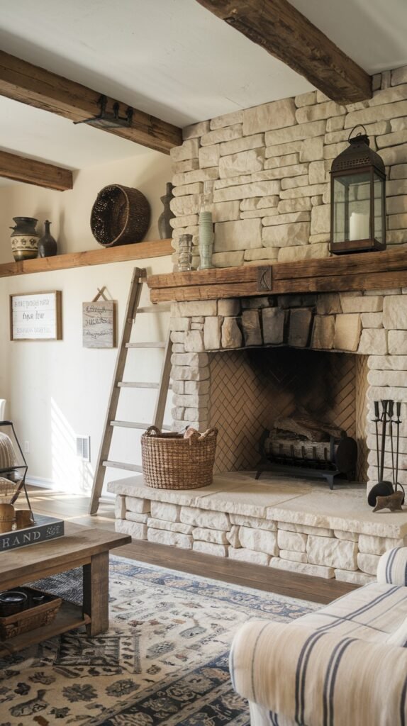 A inviting rustic farmhouse fireplace crafted from light-colored stone, featuring a solid wooden mantel. The firebox is lined with a herringbone brick pattern, and a metal grate holds logs. Fireplace tools stand on the hearth, and a decorative wooden ladder leans against the wall beside this charming farmhouse fireplace.