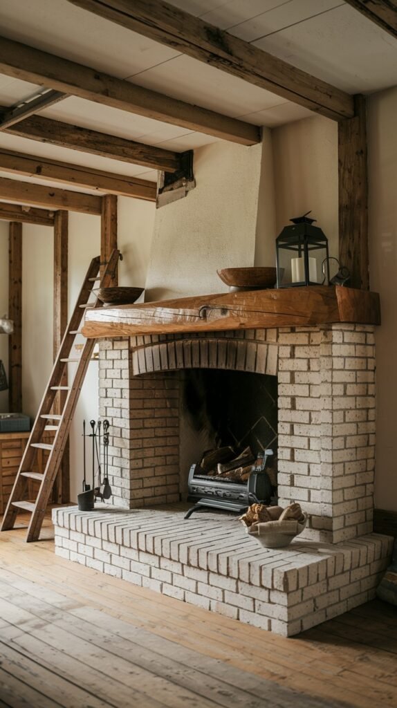 A traditional rustic farmhouse fireplace built with light-colored bricks, featuring a thick wooden mantel and a light stucco hood. A metal grate holds logs within the firebox, and a bowl of pinecones sits on the brick hearth. A large wooden ladder leans nearby, contributing to the overall farmhouse aesthetic of the space around this fireplace.
