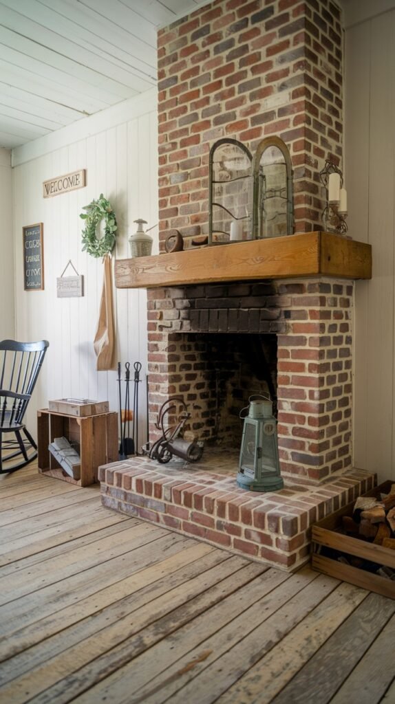 A classic rustic farmhouse fireplace made of red brick, with a sturdy wooden mantel. It stands against white vertical paneled walls, creating a contrasting backdrop. The mantel is decorated with antique-style windows and a mirror, while the hearth features a large green lantern and stacked firewood, completing the farmhouse look of this fireplace.