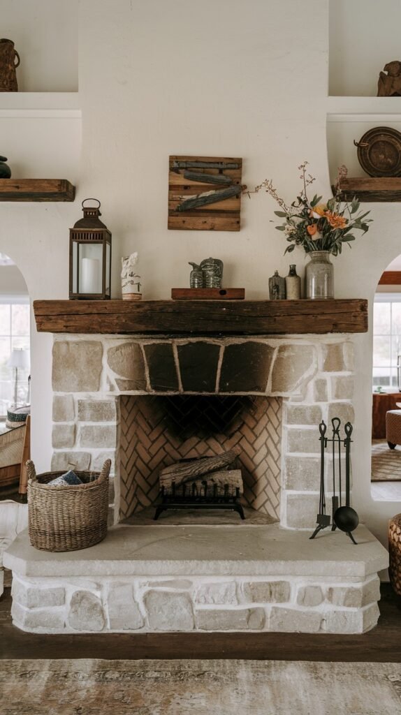 A charming rustic farmhouse fireplace constructed from light-colored stone, featuring a large, rough-hewn wooden mantel. The firebox is lined with a herringbone brick pattern. The fireplace is flanked by built-in wall niches with wooden shelves, adorned with various decorative objects and a large lantern, fitting the farmhouse theme.