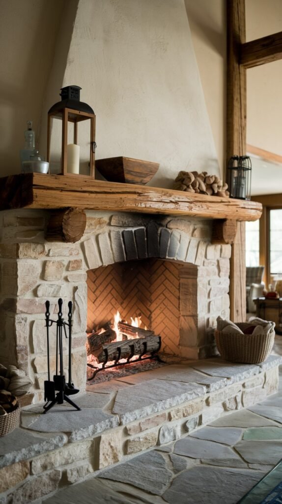 A rustic farmhouse fireplace made from stone and brick, with a robust wooden mantel above an arched opening where a fire is burning. The hearth is composed of large, irregular flagstones, adding to the rustic charm. Decorative elements on the mantel include a metal lantern, a wooden bowl, and small bundles of dried items.