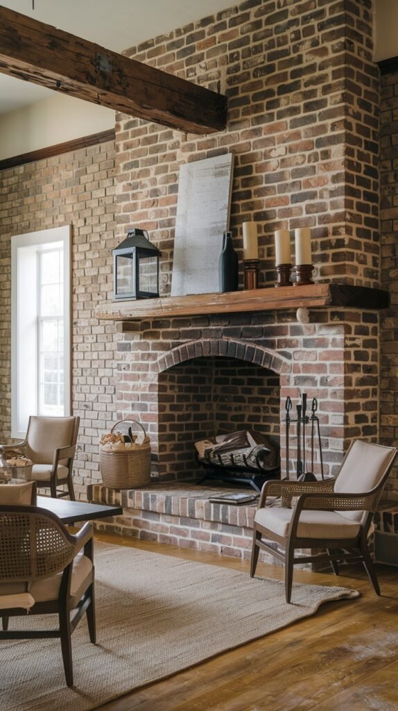 A commanding rustic farmhouse fireplace built entirely of brick, extending from the floor to the ceiling, with a simple wooden mantel. This substantial fireplace serves as a focal point in a room with exposed wooden ceiling beams. A lantern and artwork decorate the mantel, and a basket of logs sits on the brick hearth, completing the farmhouse aesthetic.