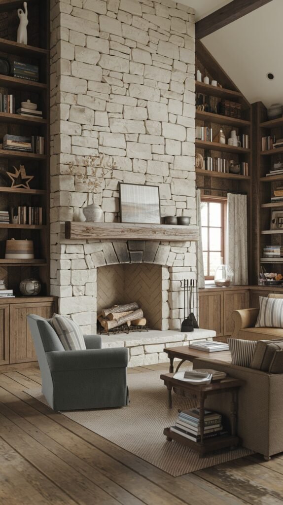 A very tall and impressive rustic farmhouse fireplace crafted from light-colored stacked stone, rising majestically to the peak of the vaulted ceiling. It features a large wooden mantel and is flanked by extensive built-in wooden bookshelves, creating a warm, library-like farmhouse environment around the fireplace.