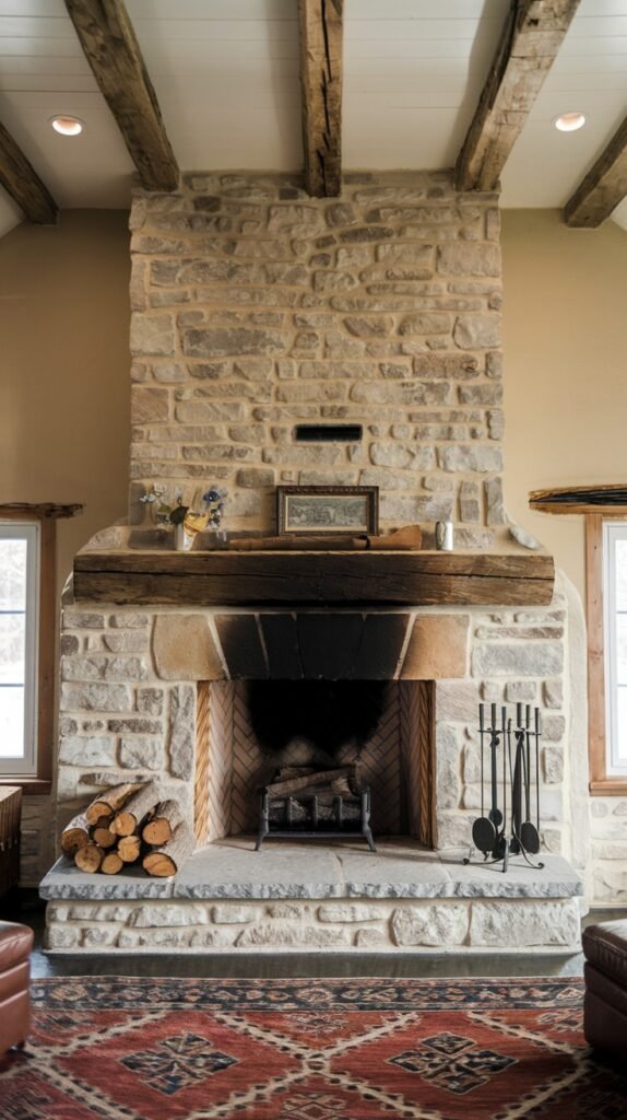 A grand rustic farmhouse fireplace made of light-colored stone, featuring a remarkably thick and distressed wooden mantel. The firebox is lined with bricks, and a metal grate holds decorative logs. Firewood is neatly stacked on the wide stone hearth of this impressive fireplace, and exposed wooden ceiling beams add to the rustic appeal.