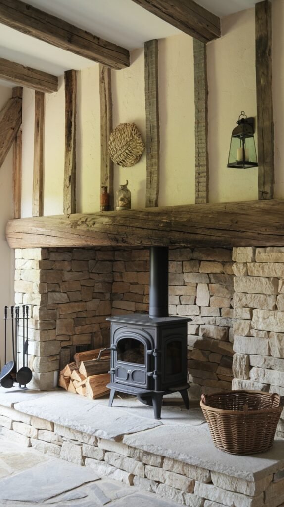A unique rustic farmhouse fireplace built with light-colored stone, featuring a substantial wooden mantel. Instead of an open fire, a black wood-burning stove is centrally placed within the fireplace opening, making it both functional and decorative. The hearth is wide and holds a wicker basket and stacked firewood, fitting the cozy farmhouse atmosphere.