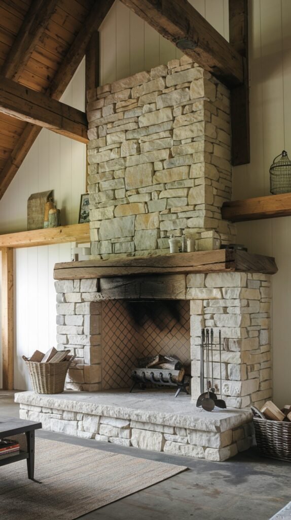A tall, impressive rustic farmhouse fireplace constructed from stacked light-colored stone, extending almost to the ceiling. It features a large, thick wooden mantel and a wide stone hearth. The firebox contains a metal fire screen and logs, and the hearth is flanked by wicker baskets. Exposed wooden ceiling beams are visible, contributing to the farmhouse style.