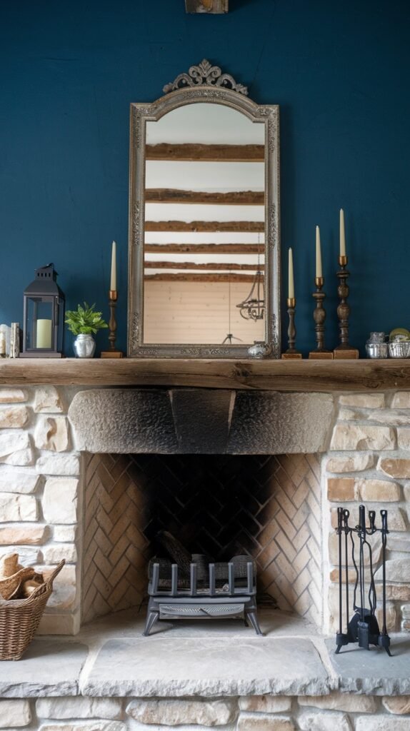 A close-up view of a rustic farmhouse fireplace with a stone and brick façade, set against a dark blue wall. A substantial wooden mantel supports a large, ornate silver-framed mirror. The mantel is further decorated with tall candles in dark holders and a metal lantern.
