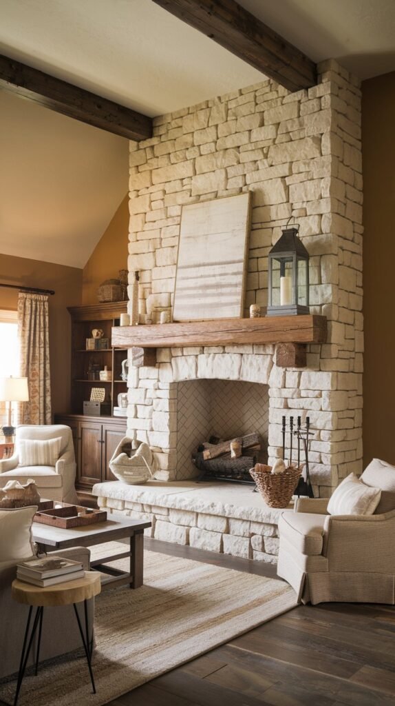 A grand rustic farmhouse fireplace column crafted from light-colored stacked stone, rising high into the room and featuring a prominent wooden mantel. The mantel is decorated with a piece of framed art, a large black lantern, and various smaller decorative items. The hearth is wide, also made of stone, and holds a basket of logs, fitting the farmhouse interior.