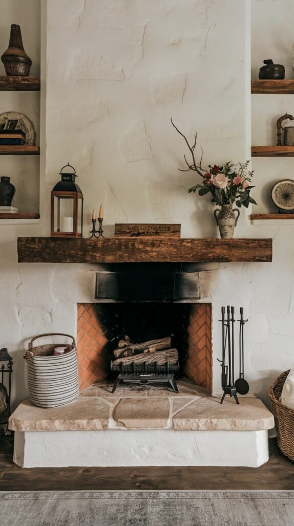 A rustic farmhouse fireplace with a white painted stone or stucco surround, featuring a dark wooden mantel and an orange brick firebox. The mantel is decorated with a lantern, candles, and a vase with flowers. Built-in wooden shelves on either side of the fireplace display various decorative objects, enhancing the farmhouse feel.