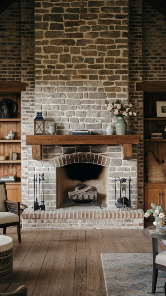 A large and commanding rustic farmhouse fireplace constructed from varied shades of brick, creating a textured look, with a sturdy wooden mantel. This tall fireplace is flanked by built-in wooden bookshelves, adding to the farmhouse living space. The mantel holds vases and a lantern, and fireplace tools stand on the hearth.