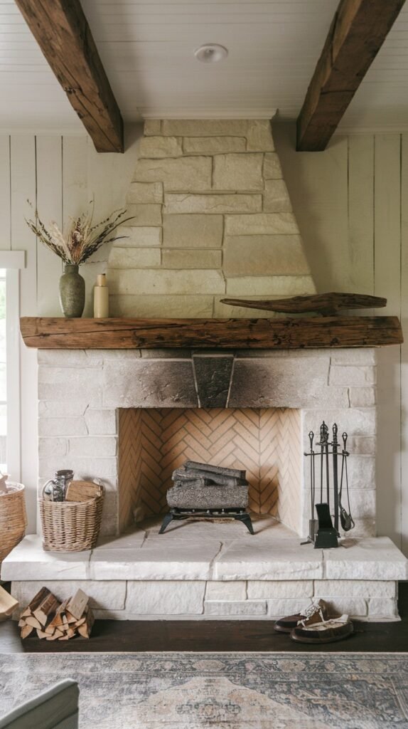 A rustic farmhouse fireplace made of light-colored stone, topped with a rough-hewn wooden mantel. The interior of the firebox features a herringbone brick pattern, and a metal grate holds decorative logs. The broad stone hearth has firewood neatly stacked on one side, reinforcing the practical and rustic nature of this fireplace.