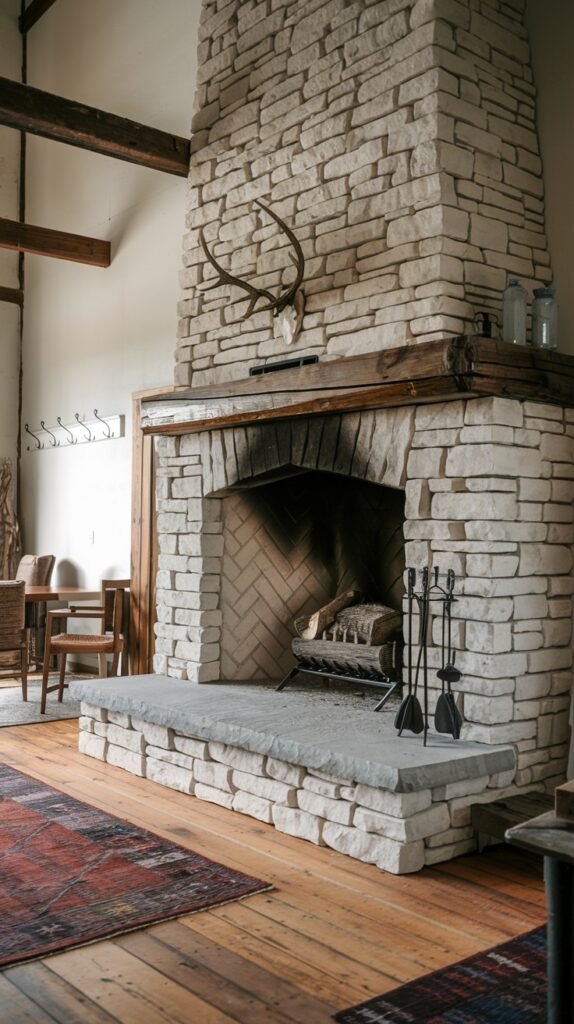 An exceptionally large rustic farmhouse fireplace built with stacked light-colored stone, extending high into the room. It boasts a substantial dark wooden mantel, above which a set of antlers is mounted, emphasizing the rustic aesthetic. The fireplace has a very wide stone hearth and features a herringbone brick pattern inside its opening.