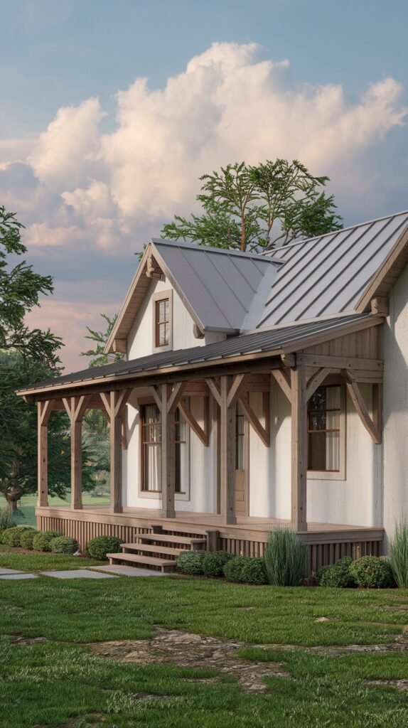 A rustic farmhouse-style home with white siding, a silver metal roof, and a long wooden wrap-around porch supported by wooden posts, set in a green field under a partly cloudy sky.