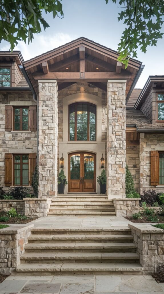 A grand rustic entrance to a house built with extensive stone masonry and large wooden pillars, featuring double wooden doors below a tall arched window, with a wide stone staircase leading up.