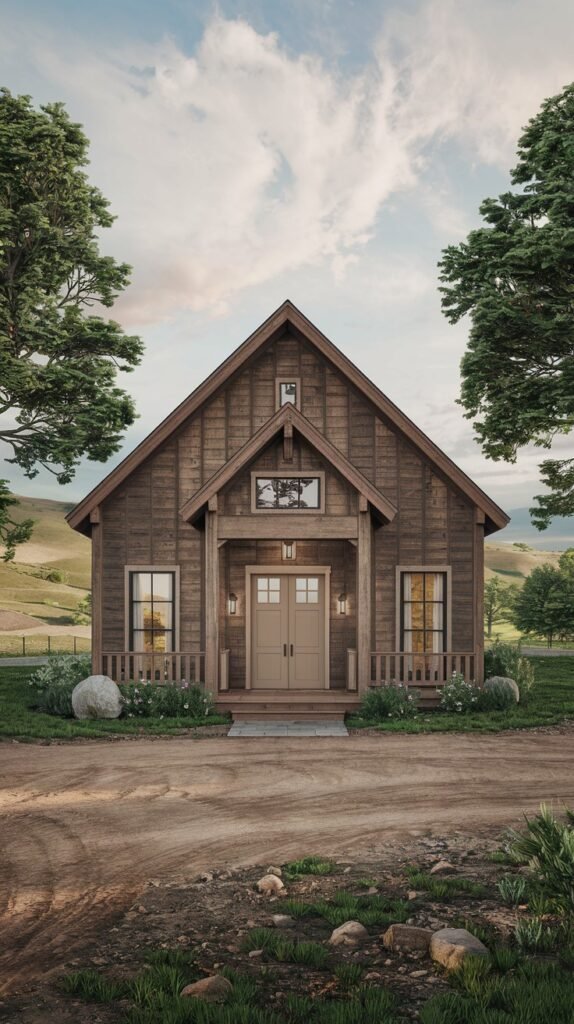 A small, charming rustic house with dark wooden siding and a simple gable roof, featuring a small covered porch with a single door, set in a pastoral landscape with rolling hills.
