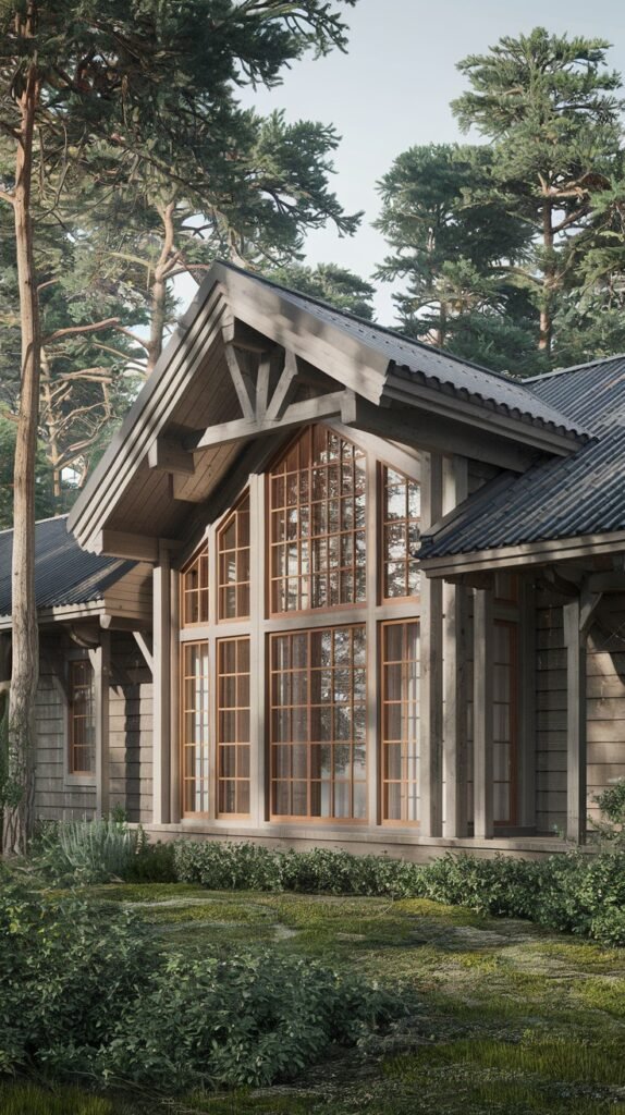 A unique rustic house with a large, multi-pane window facade under a steep gable roof with exposed wooden beams, and wooden siding, surrounded by tall evergreen trees.