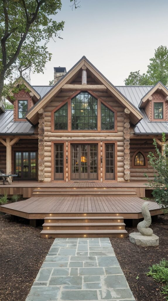 A substantial rustic log cabin with a metal roof, a grand entrance featuring a large multi-pane window above double wooden doors, and a expansive wooden deck with steps leading to a stone pathway.
