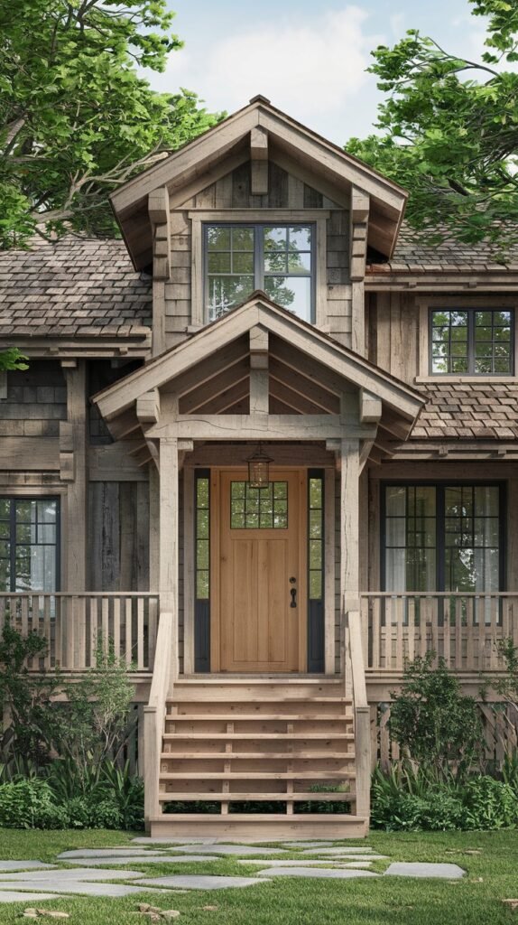 The inviting entrance of a rustic house with wooden shingle siding and a prominent gable over a covered porch, leading to a single wooden door with glass panels, accessed by wooden steps.