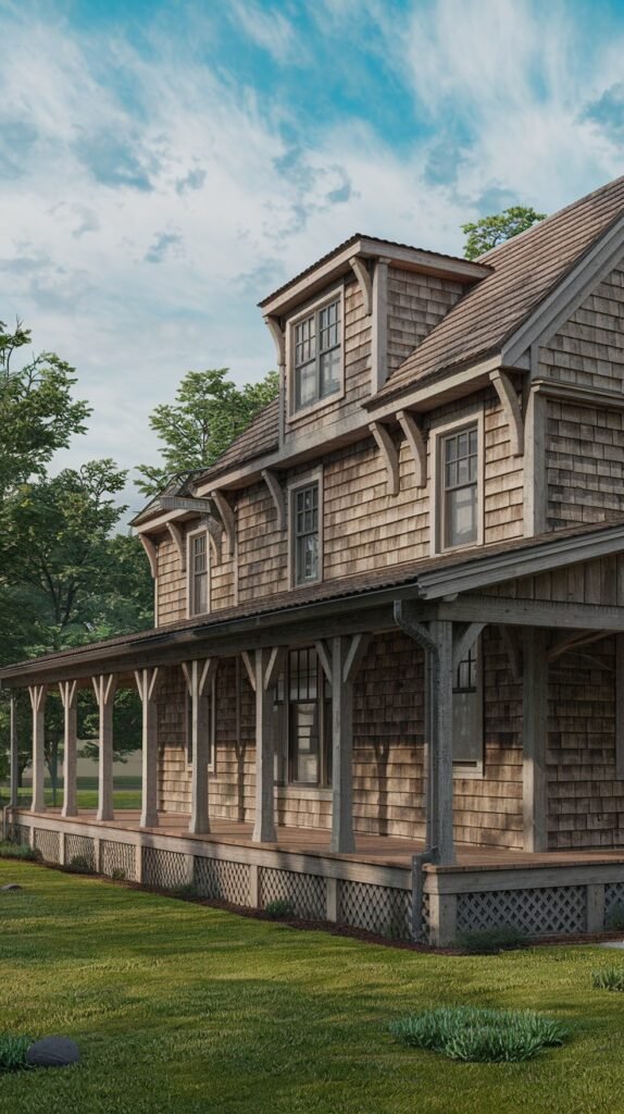 A long side view of a rustic house with wooden shingle siding and a wrap-around porch supported by numerous white pillars, set on a green lawn with a blue sky overhead.