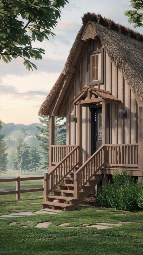 A quaint and rustic small house or cabin with a thatched roof and vertical wooden siding, featuring a small covered entry with steps leading to a dark door, set in a natural, hilly landscape.