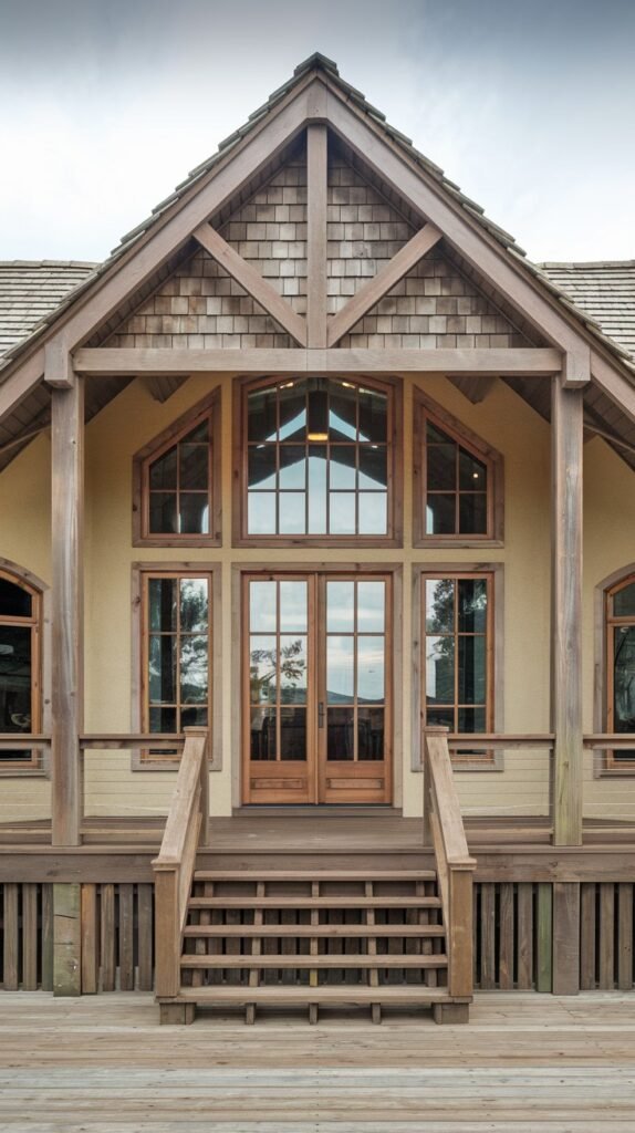 The impressive front of a rustic house with light-colored siding and wooden accents, a large gable with shingle siding, and a prominent multi-pane window facade above double wooden doors, accessed by a wide wooden staircase and deck.
