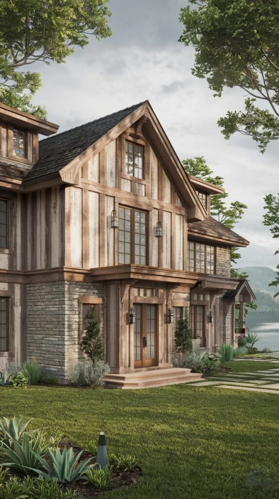 A side view of a rustic house featuring vertical wooden siding and stone foundation, with a dark roof and multiple windows, set against a backdrop of trees and a body of water.