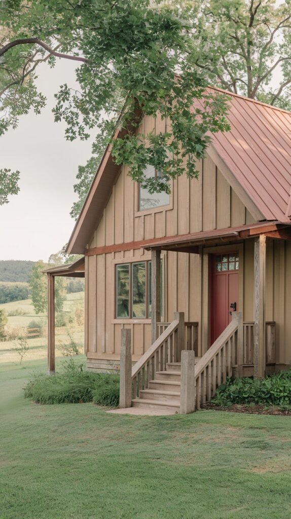 A rustic house with vertical wooden siding and a red metal roof, featuring a small covered porch and wooden steps leading to a red door, set in a green, open landscape.