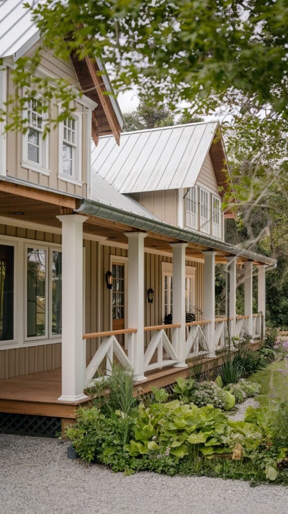 A side view of a rustic house with light-colored siding, a white metal roof, and a long covered porch with white railings and pillars, surrounded by green landscaping and a gravel path.