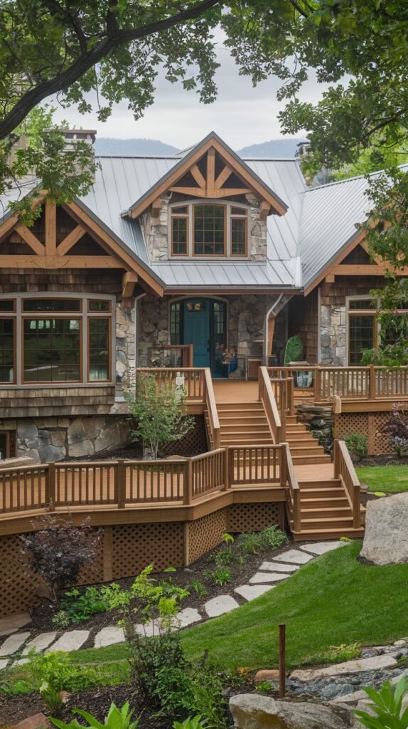 A grand and rustic multi-level house combining stone masonry and wooden siding, with a silver metal roof and an extensive wooden deck system with multiple staircases and railings, leading to a blue door.