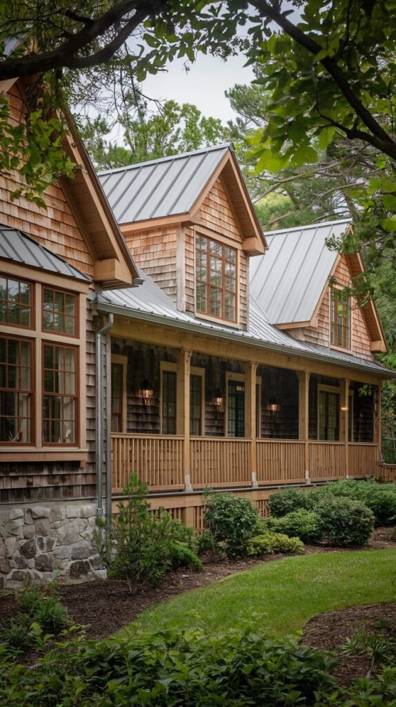 A long side view of a rustic house with wooden shingle siding and a silver metal roof with multiple dormers, featuring a deep covered wooden porch with railings, surrounded by lush green shrubs.