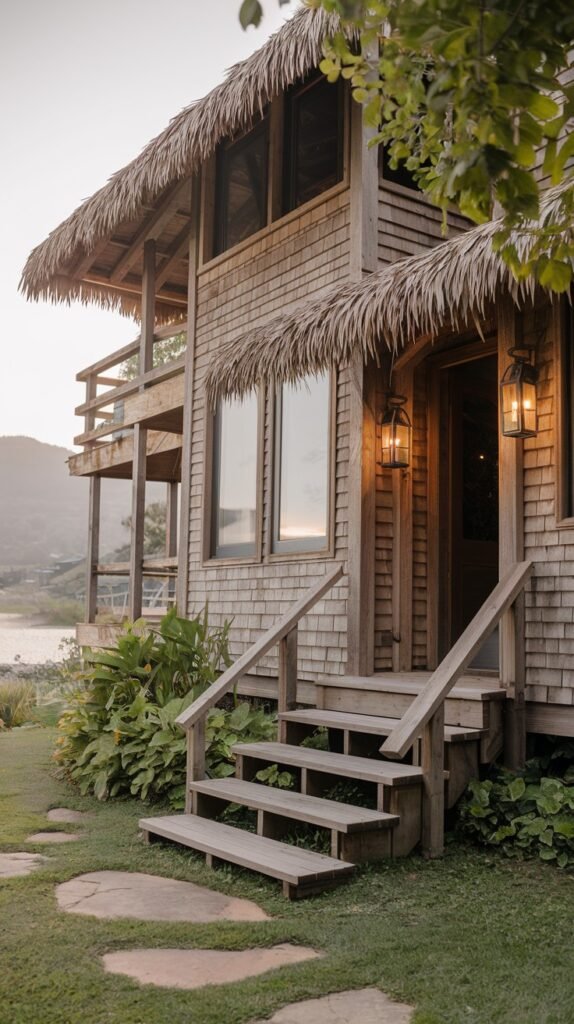 A rustic coastal house with a thatched roof and wooden shingle siding, featuring a prominent front porch with steps and large windows, with a view of water and hills in the background.
