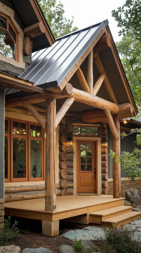 The entrance of a rustic log and timber frame house with a silver metal roof, featuring large round log columns supporting a covered porch area leading to a wooden door with glass panels.