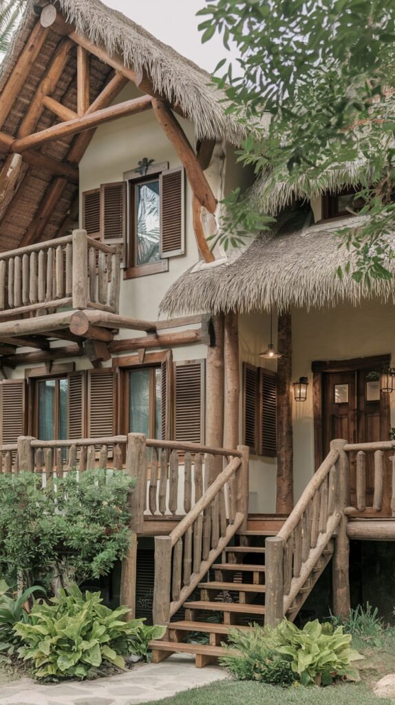 A multi-level rustic house with a thatched roof and exposed log beams, featuring light-colored siding, numerous wooden shutters, and a prominent wooden staircase and railing system leading to the main entrance.