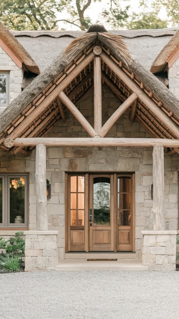 The entrance of a rustic stone house with a thatched roof and exposed log beams forming a triangular support structure over double wooden doors, leading to a gravel path.