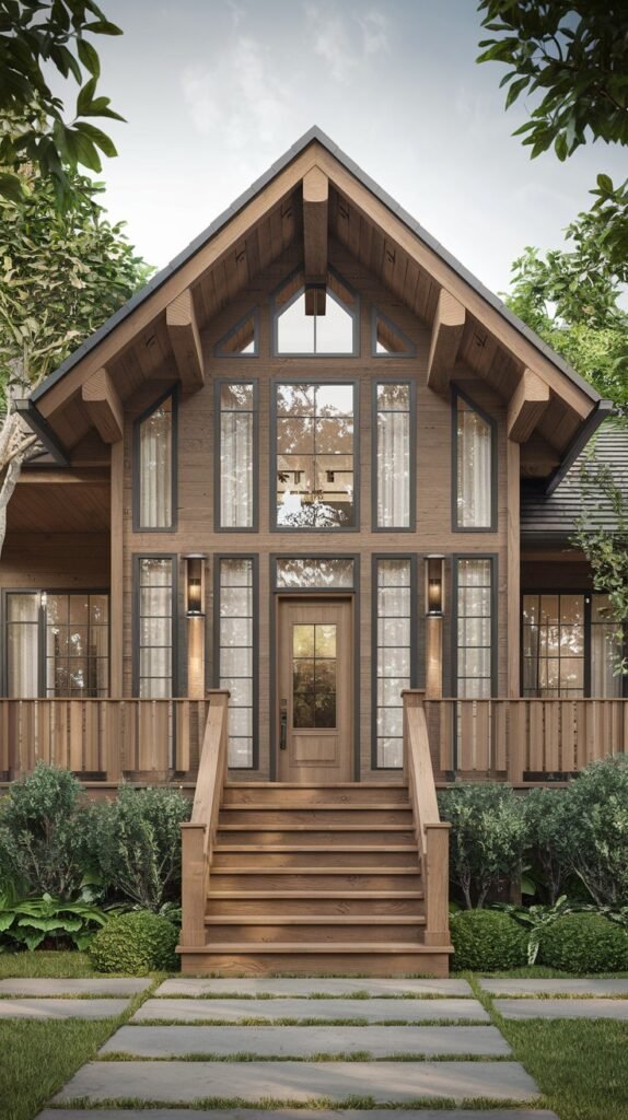 A rustic wooden house with a steeply pitched gable roof and a large array of tall windows, featuring a wooden deck and steps leading to the front door, surrounded by lush green foliage.