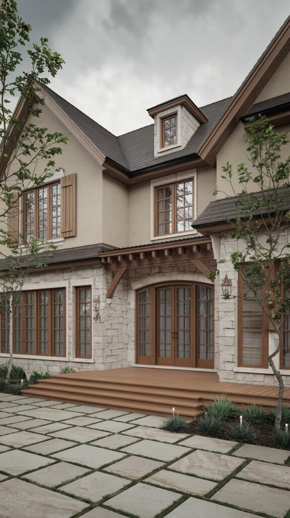 A large rustic house combining light-colored stucco and stone masonry on its exterior, with a wide wooden deck and multiple wooden-framed windows, some with shutters, under an overcast sky.