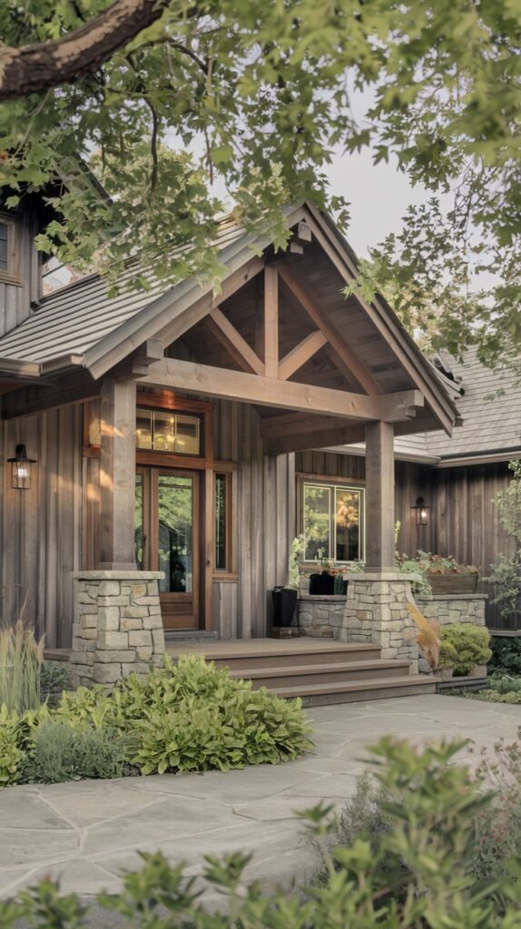 A close-up of the entrance of a rustic home, showcasing wooden siding, stone pillars, and a wooden porch with an exposed beam structure overhead, surrounded by green shrubs and a stone pathway.