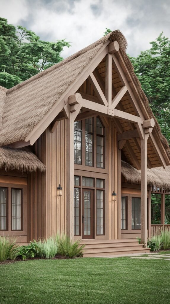 A rustic house featuring a prominent thatched roof and exposed log beams forming the gable, with vertical wooden siding and large windows around a central double door, set in a green landscape with tall trees.