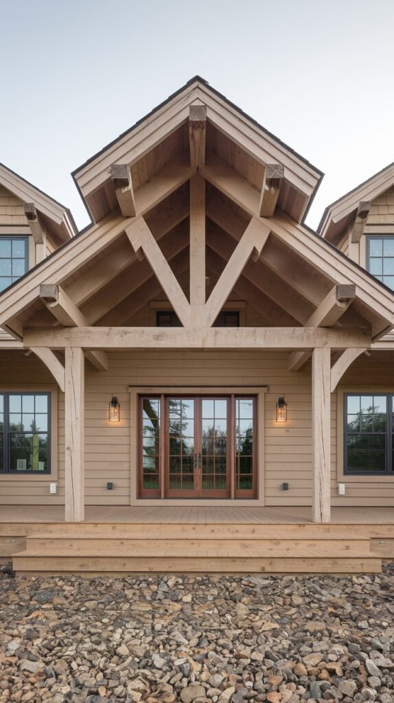 The front view of a rustic house with a light-colored wooden exterior, a large gable supported by exposed beams, and a wide wooden deck leading to double wooden doors, with a foreground of small stones.